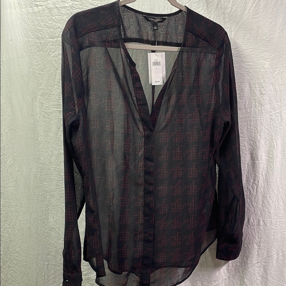 Banana Republic Sheer Black and Red Button Down Shirt